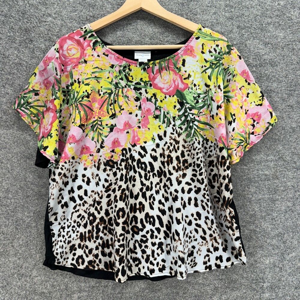 Jaclyn Smith Blouse Women L Large Black Animal Print Short Sleeve Round Neck